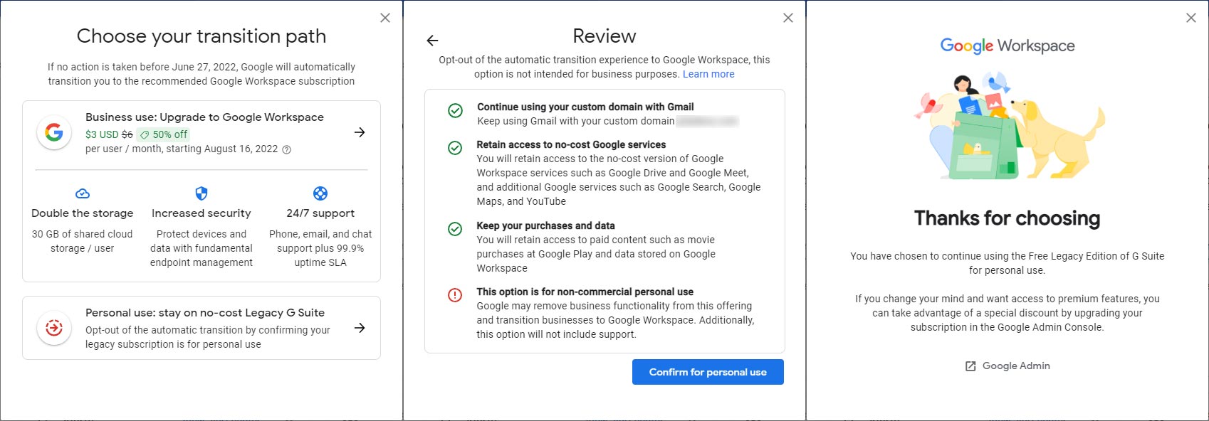 Screenshots of the transition to free Legacy G Suite for personal use.