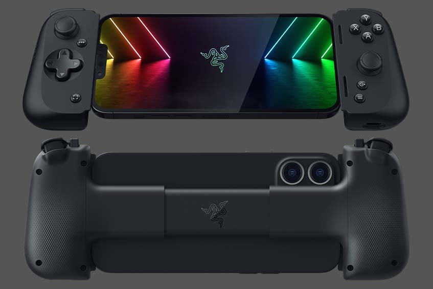 The front and back of the Razer Kishi V2 mobile game controller for iPhone