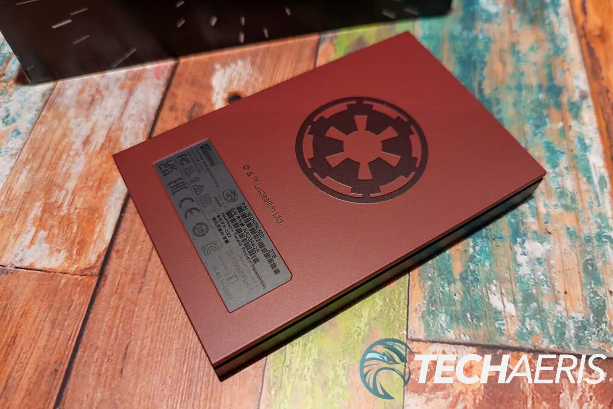 The bottom of the Darth Vader-themed Seagate Gaming FireCuda Star Wars-inspired HDD.