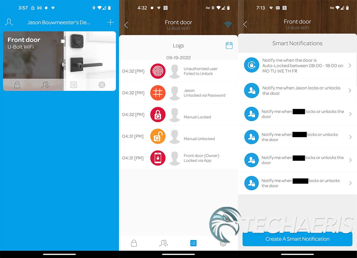Sample screenshots of the home, log, and smart notification screens of the U-tec Android app