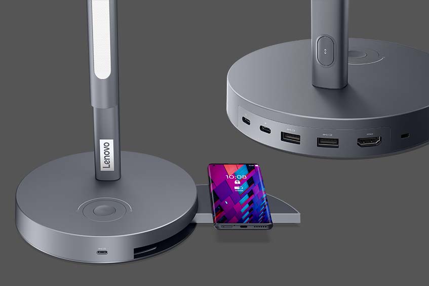 The Qi charging station and USB hub on the base of the Lenovo Go Desk Station