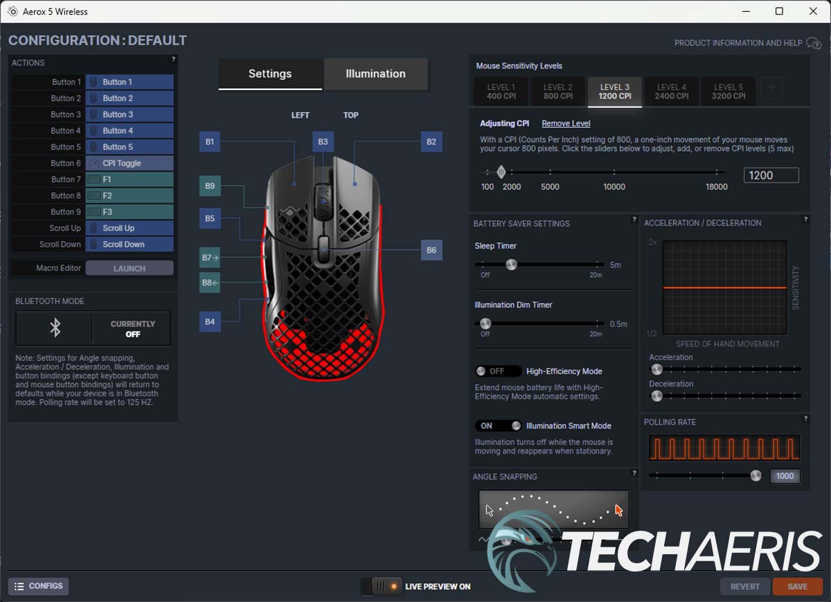 Screenshot of the SteelSeries GG Windows app showing customization options of the Aerox 5 Wireless gaming mouse