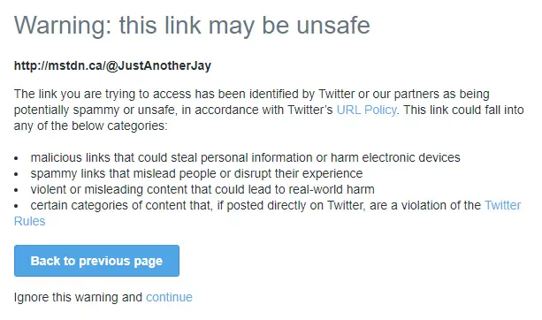 Screenshot showing Twitter warning that a link to Mastodon might be spammy or malicious