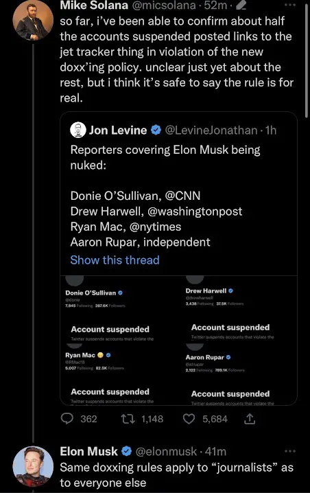 Screenshot showing list of suspended journalists, and Elon Musk's response to the suspended accounts