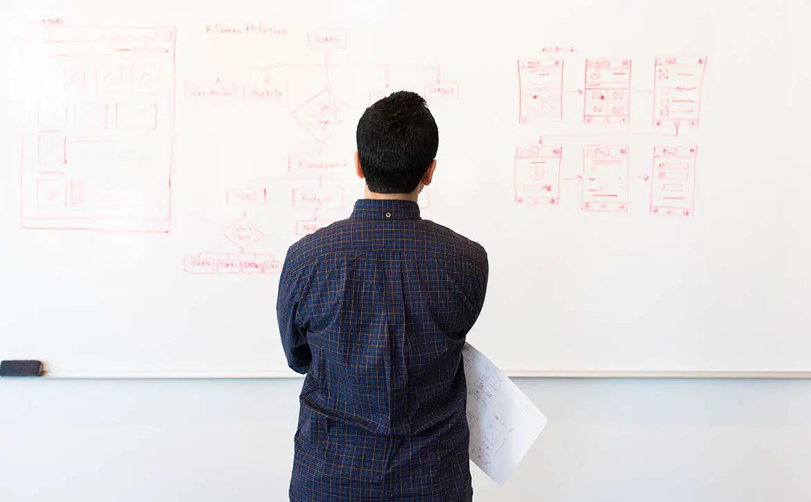 man standing in front of a whiteboard mapping out a business app