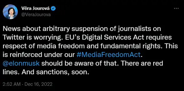 Screenshot showing Věra Jourová, Vice-President for Values and Transparency in the EU Commission, responding to the suspension of journalists on Twitter