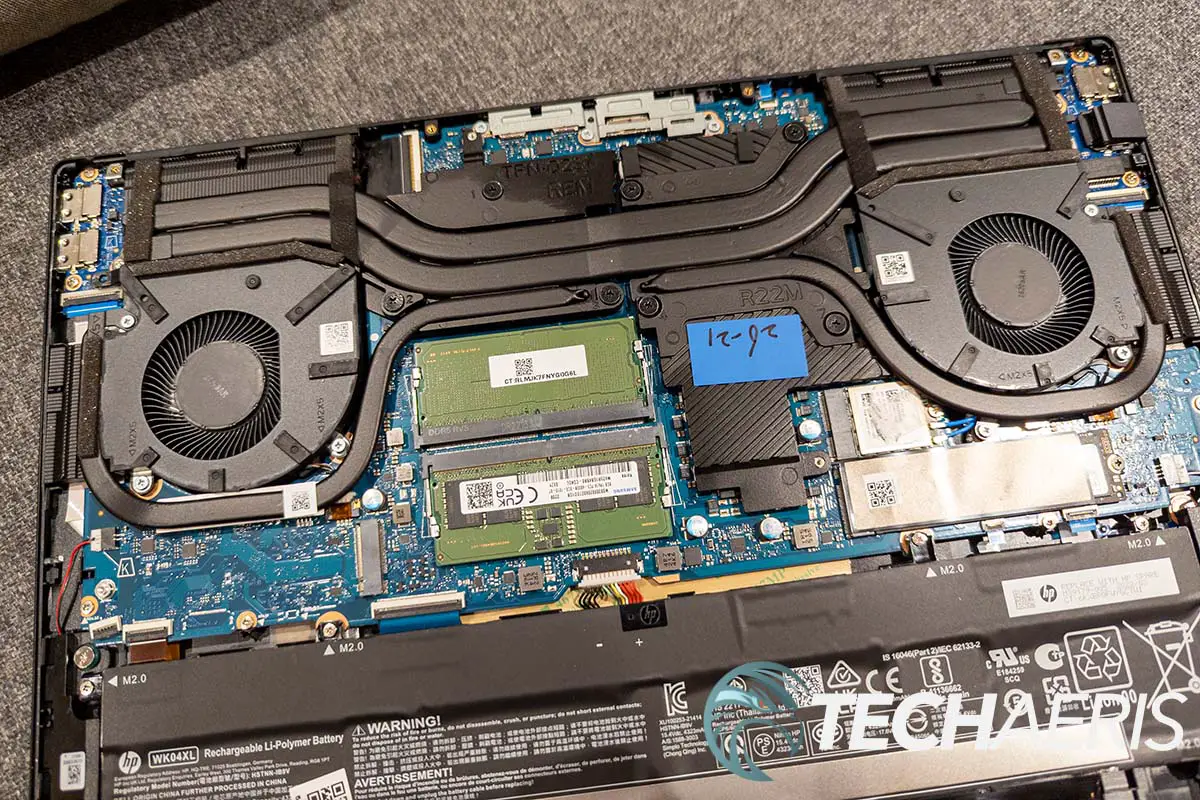 The bottom of the HP OMEN 16 (AMD) gaming laptop removes easily to access the internals for upgrading