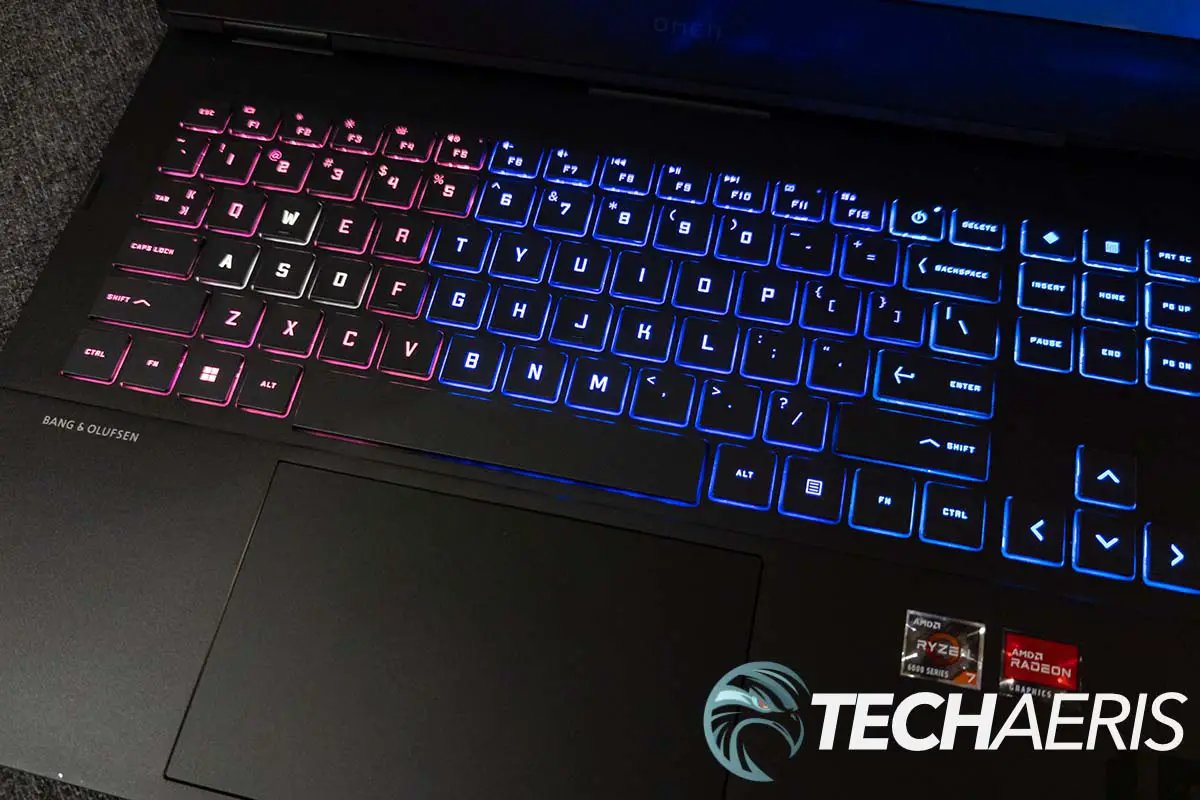 The keyboard on the HP OMEN 16 (AMD) gaming laptop with RGB LEDs on