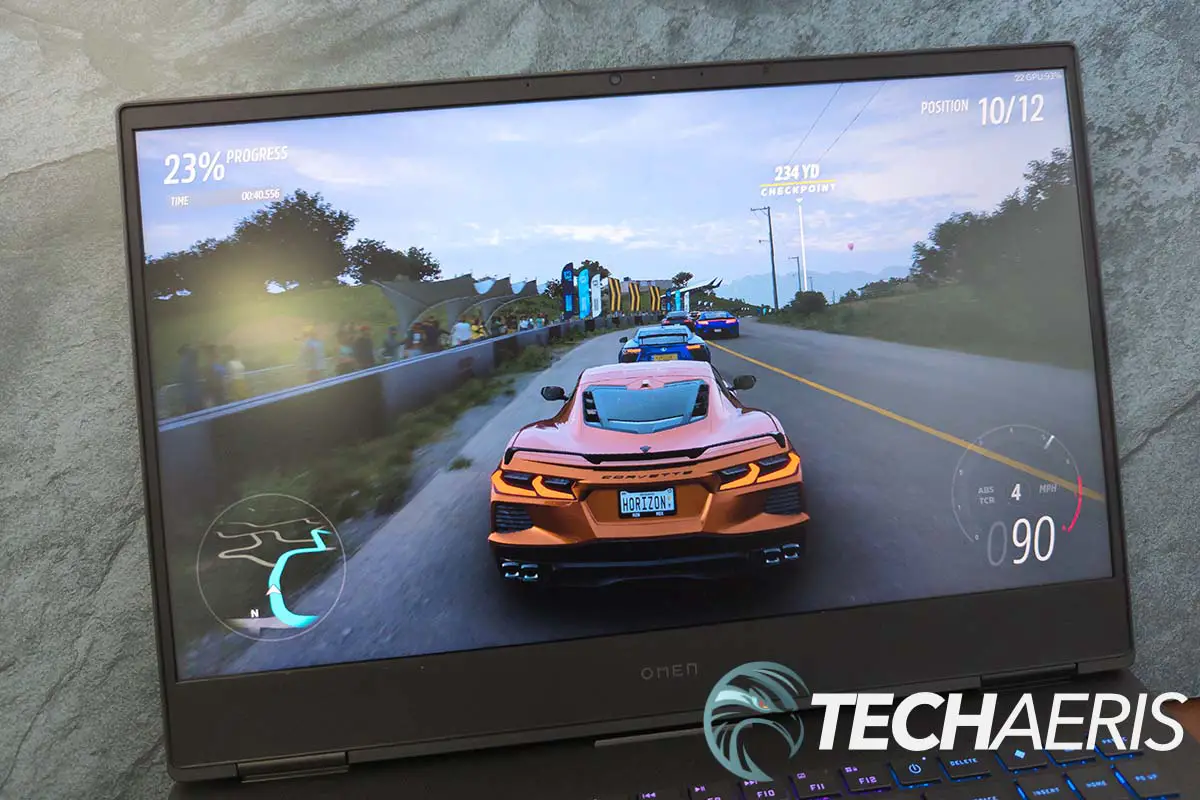 The display panel on the HP OMEN 16 (AMD) gaming laptop running Forza Horizon 5