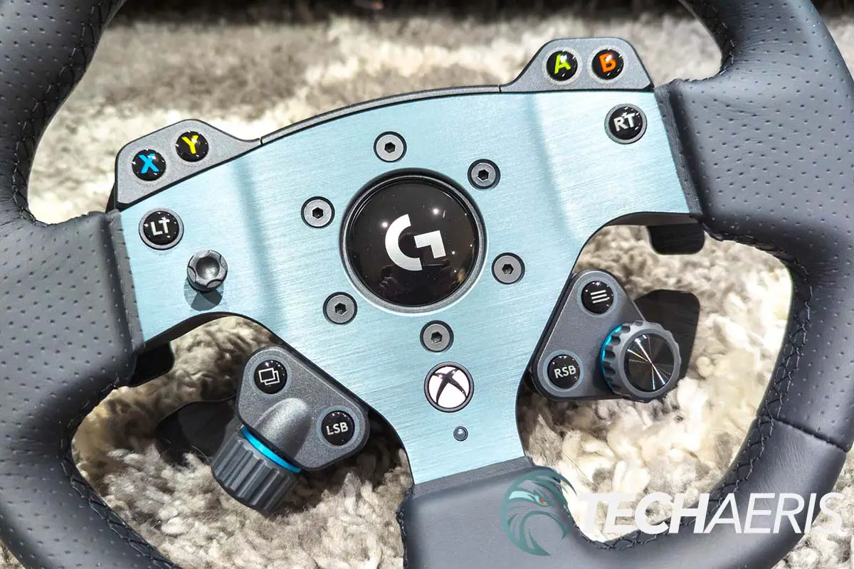 Detail of the buttons on the front of the Logitech G PRO Racing Wheel Rim