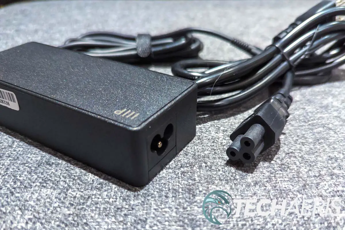 The power cable and connection port on the Monoprice 65W and 100W laptop chargers