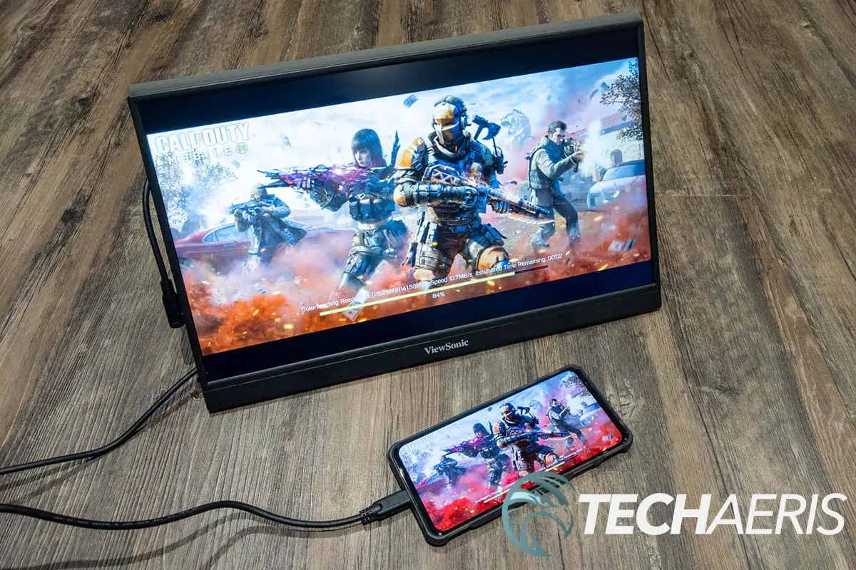 The ViewSonic VX1755 Portable Gaming Monitor connected to an Android smartphone