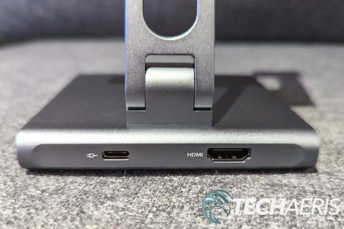 The ports on the back of the Plugable UDS-7IN1 USB-C Phone Stand Docking Station