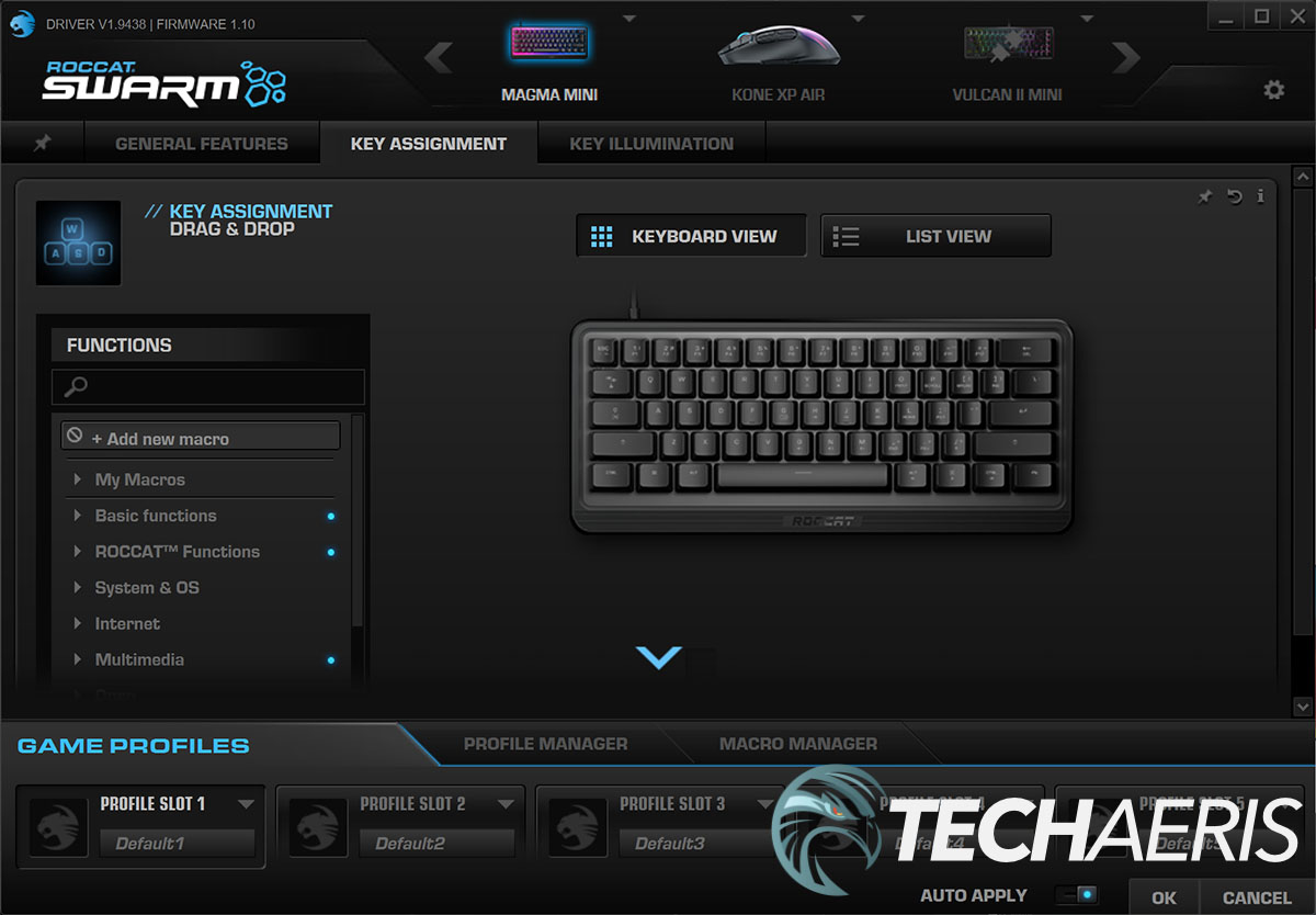 ROCCAT Swarm Windows app screenshot showing Key Assignment tab for the Magma Mini gaming keyboard