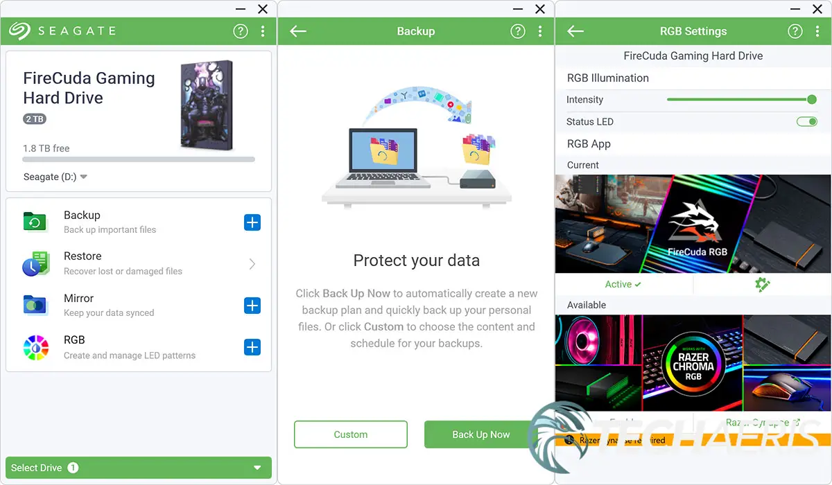 Screenshots from the Seagate Toolkit Windows app showing home, backup, and RGB settings screens