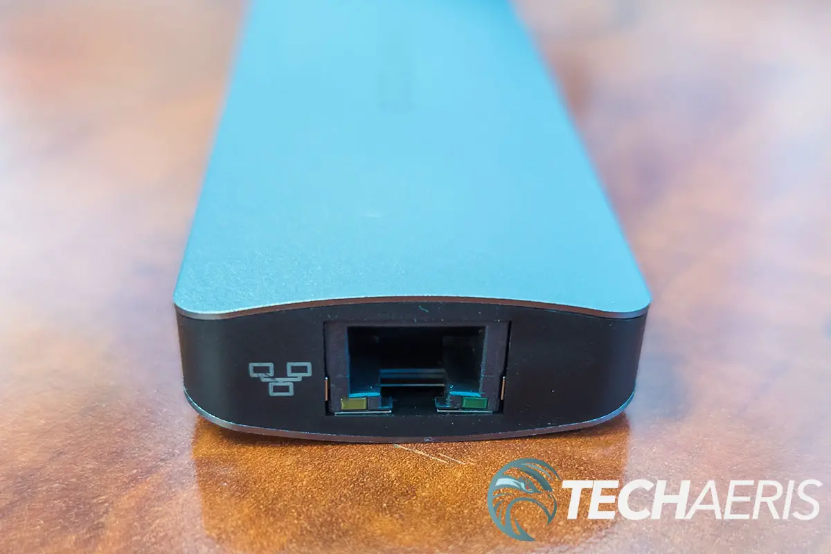 The RJ-45 Ethernet port on the end of the EZQuest USB-C Multimedia 10-in-1 Gen 2 Hub