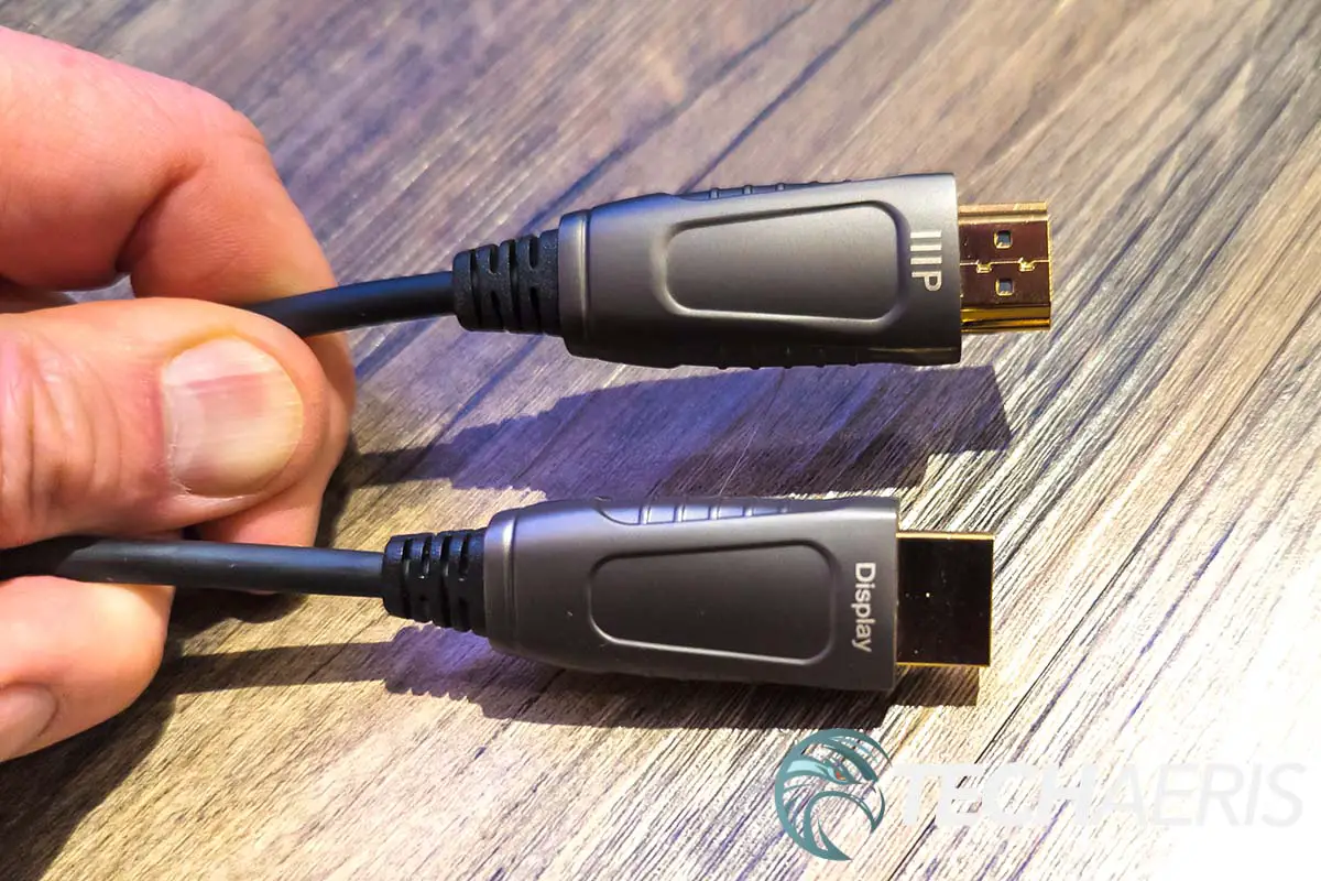 The HDMI connectors on the Monoprice SlimRun AV 8K Certified Ultra High-Speed Active HDMI Cable