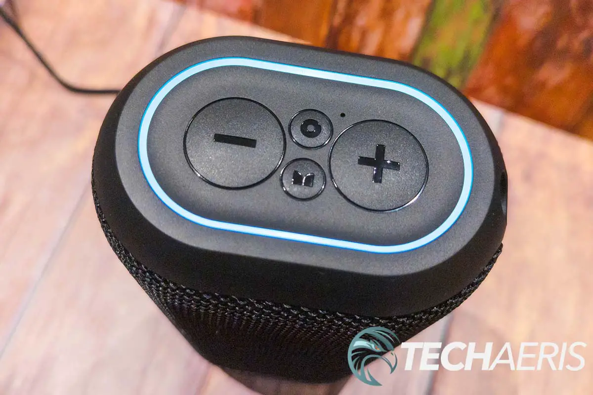 The buttons on the top of the Monster DNA Max portable Bluetooth speaker with wireless charging