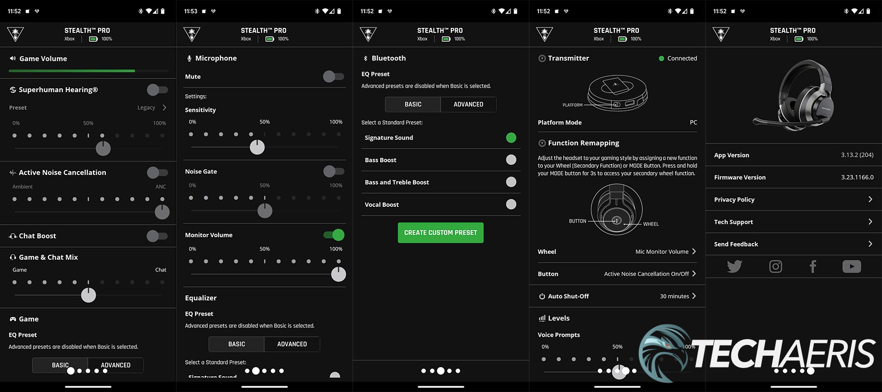 Screenshots from the Turtle Beach Audio Hub Android app
