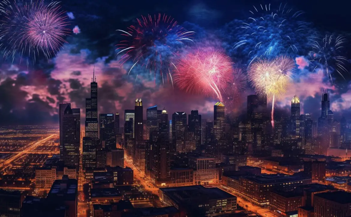 Fireworks over Chicago created by Midjourney AI 5_1 May