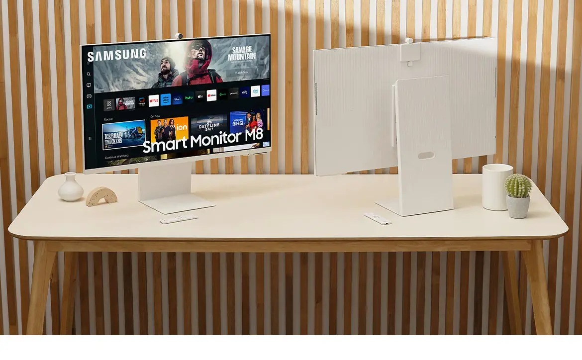 Front and back view of the Samsung 2023 Smart Monitor M8