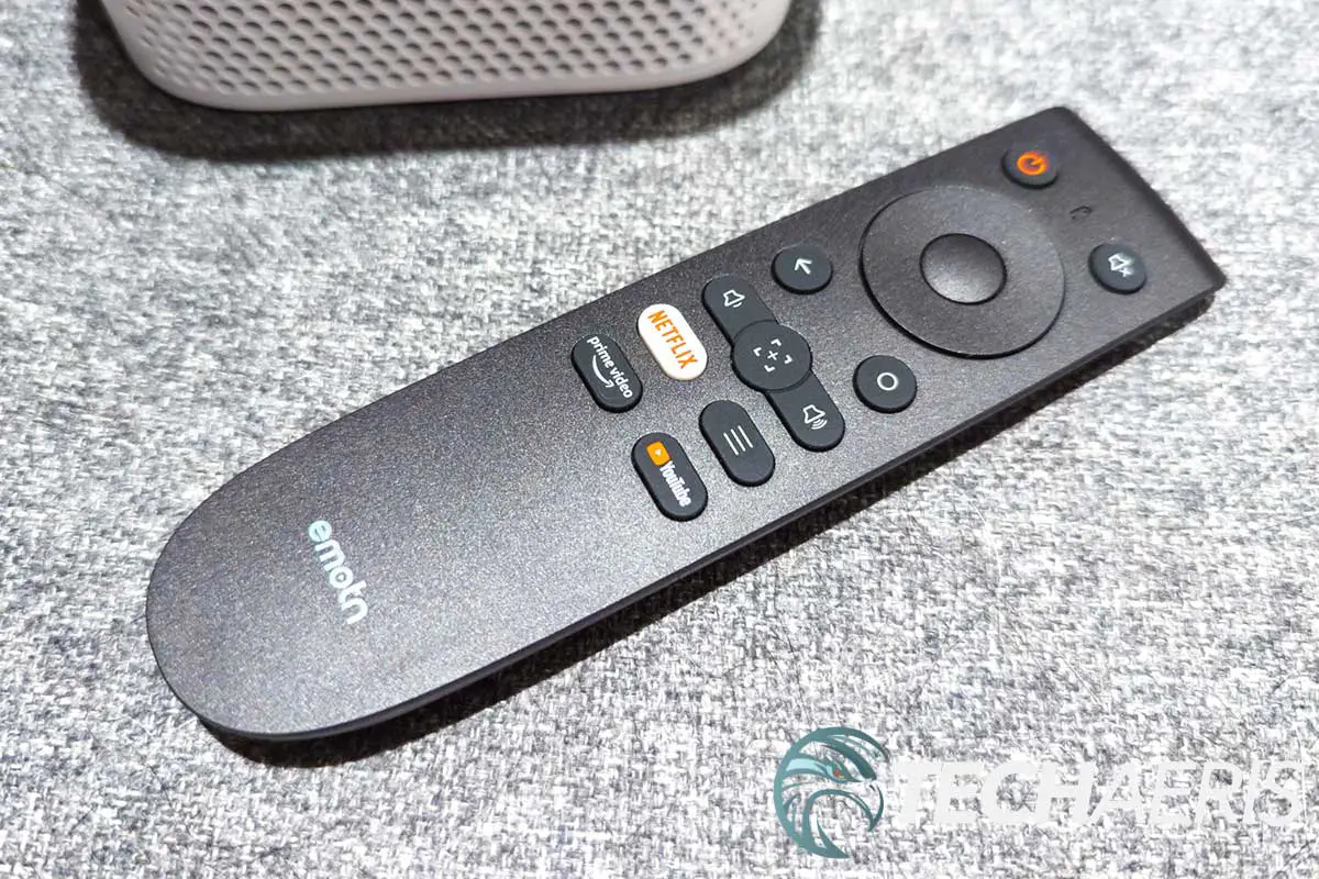 The remote included with the Emotn N1 portable smart projector