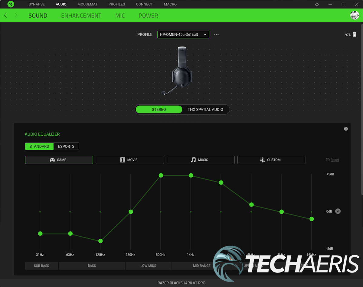Razer Synapse 3 screenshot showing the audio options for the Razer BlackShark V2 Pro (2023) wireless gaming headset