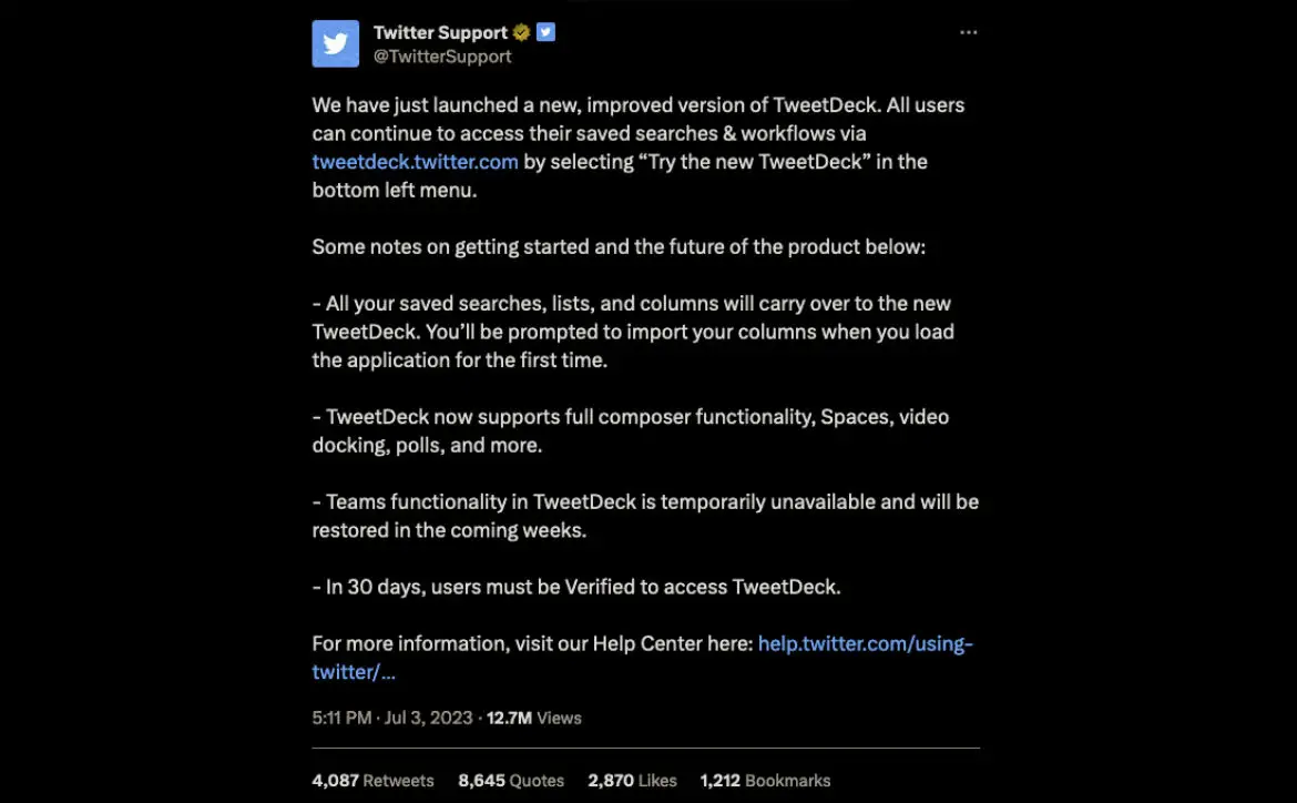 Twitter Support TweetDeck Announcement July 2023