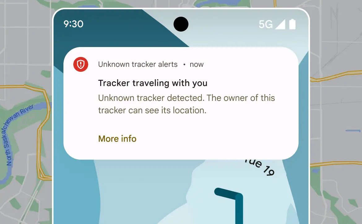 Screenshot showing unknown tracker alert on a Google Android smartphone