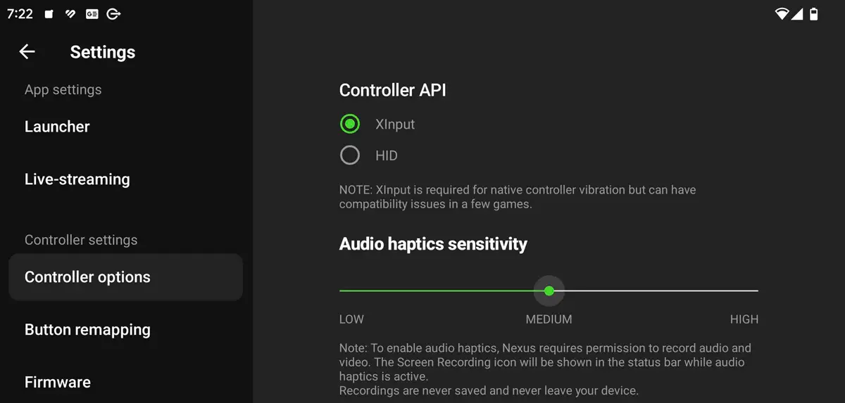 The controller options audio haptics sensitivity settings in the Razer Nexus 3.0 Android application