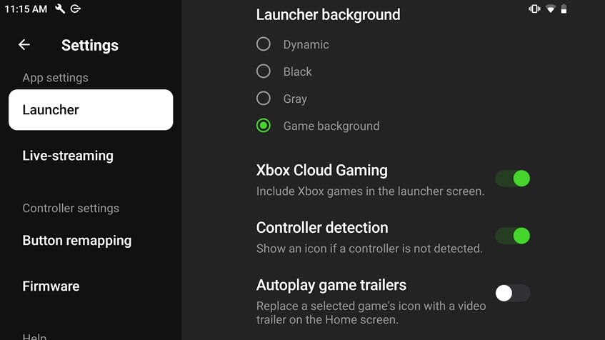 The launcher settings on the Razer Nexus 3.0 Android application