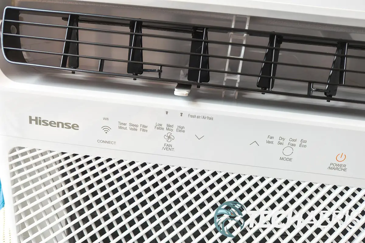 Detail view of the control panel on the Hisense AW1021CW1W window air conditioner