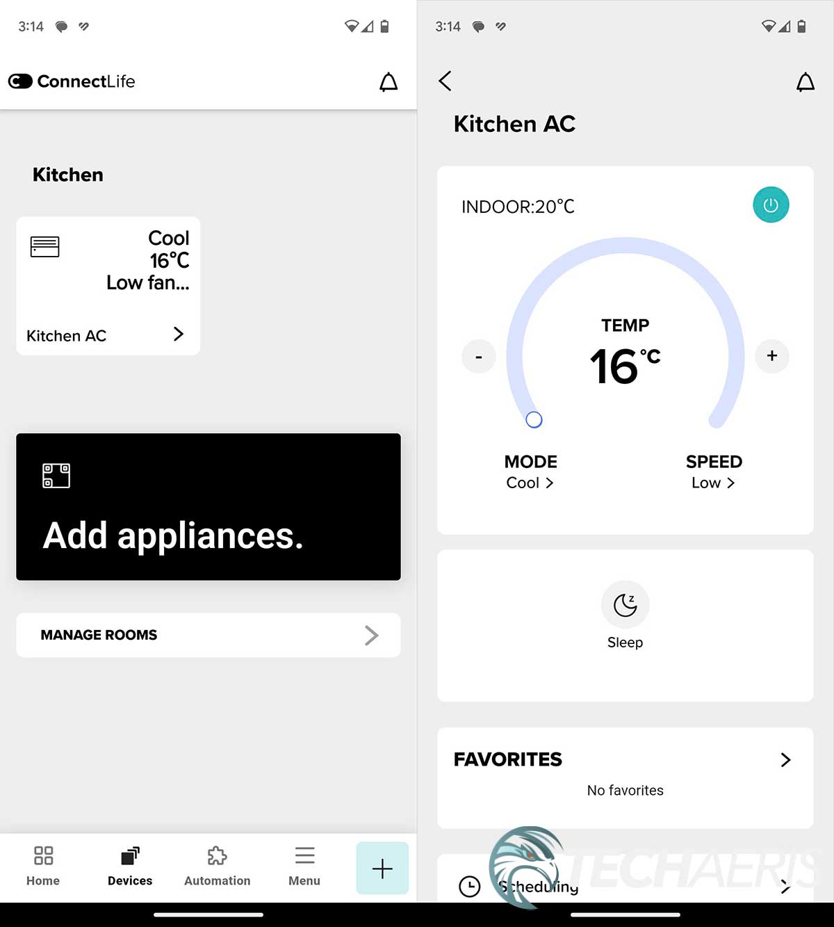 ConnectLife Android app screenshots showing window air conditioner display and control