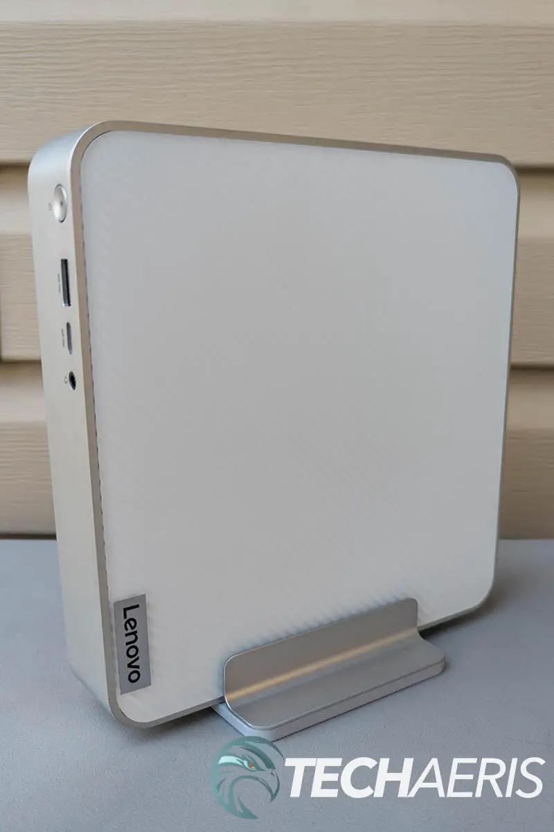 The Lenovo IdeaCentre Mini Desktop computer with the included stand