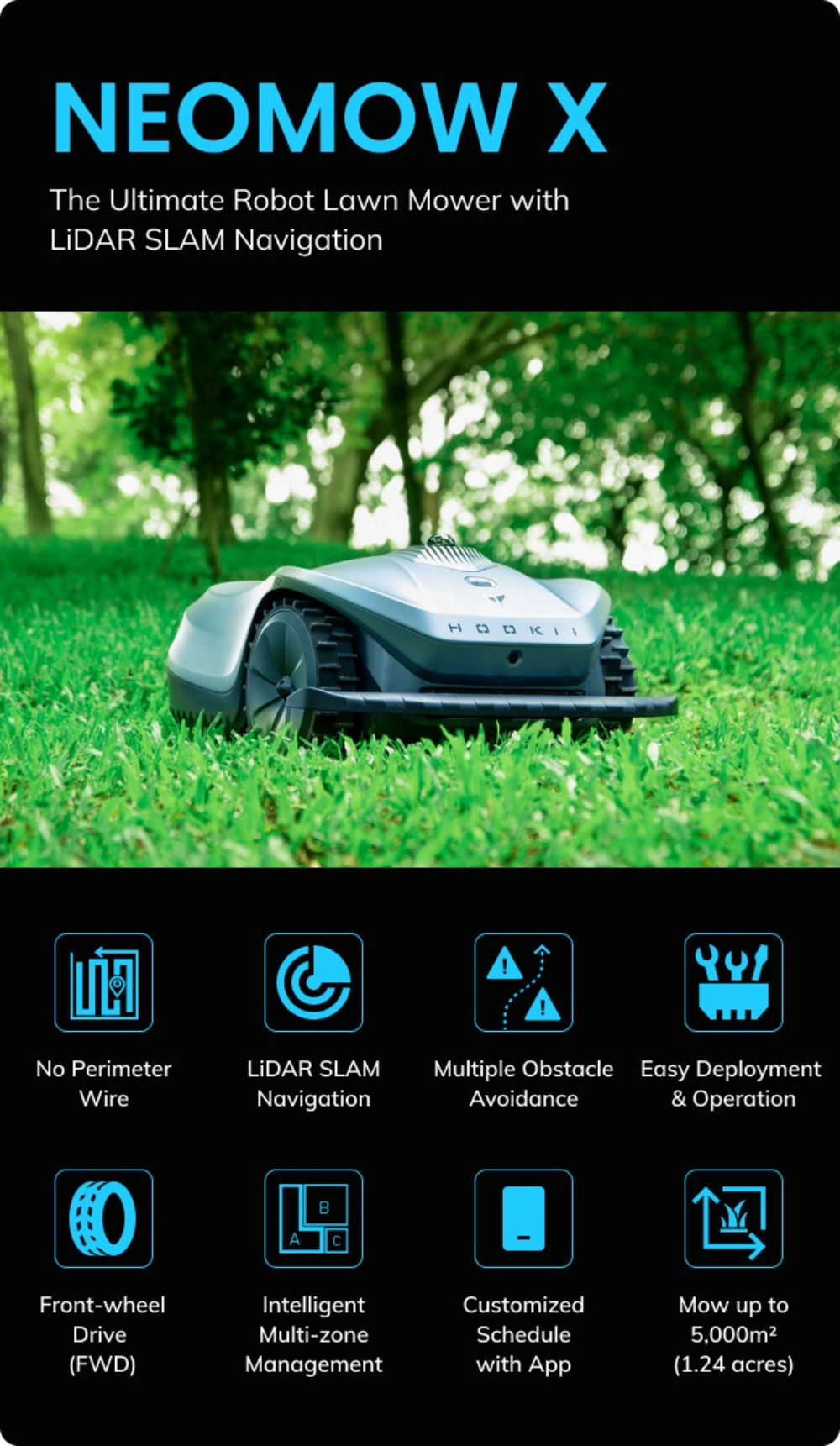The Neomow X is a robot lawn mower with a LiDAR SLAM navigation system