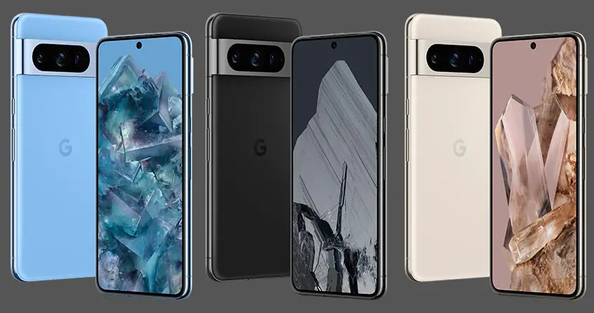 The Google Pixel 8 Pro Android smartphone in Bay, Obsidian, and Porcelain