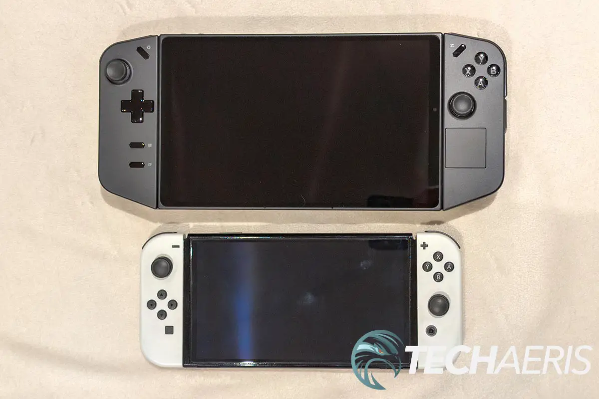 The Lenovo Legion Go handheld PC gaming console (top) compared to a Nintendo Switch OLED