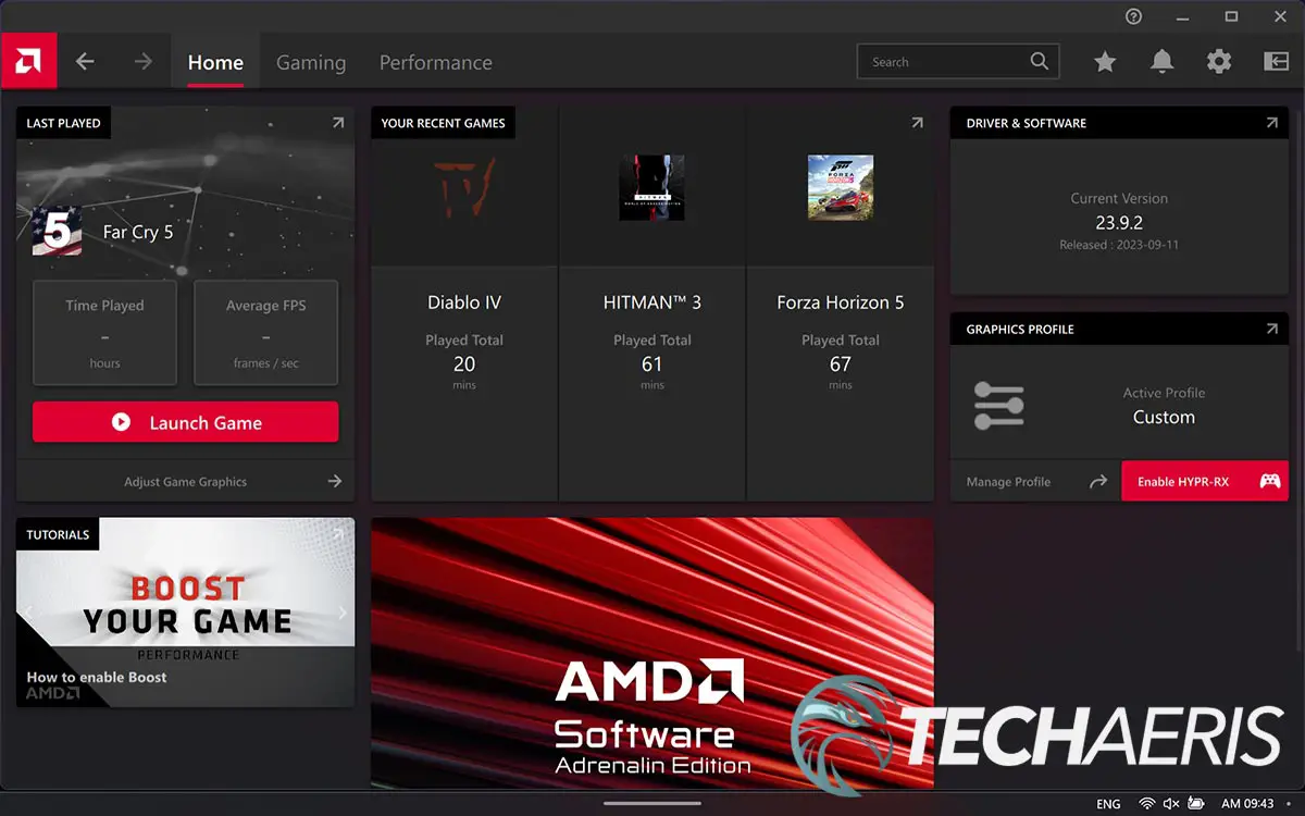 Screenshot of the main screen from the AMD Software: Adrenalin Edition Windows 11 app