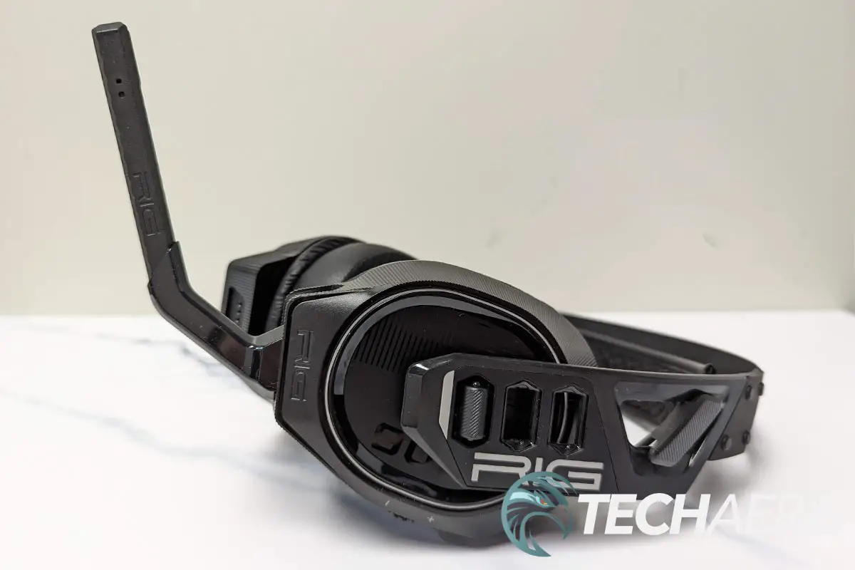 Left side view of the RIG 900 MAX HX wireless gaming headset with the microphone extended