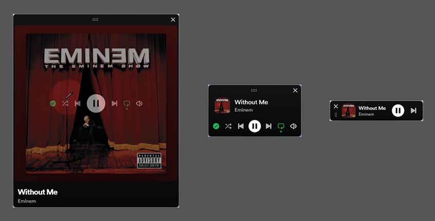 Examples of the Spotify Miniplayer in different sizes
