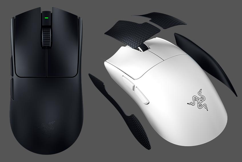 The Razer Viper V3 Pro ultra-lightweight gaming mouse comes in Black or White and includes grip tape