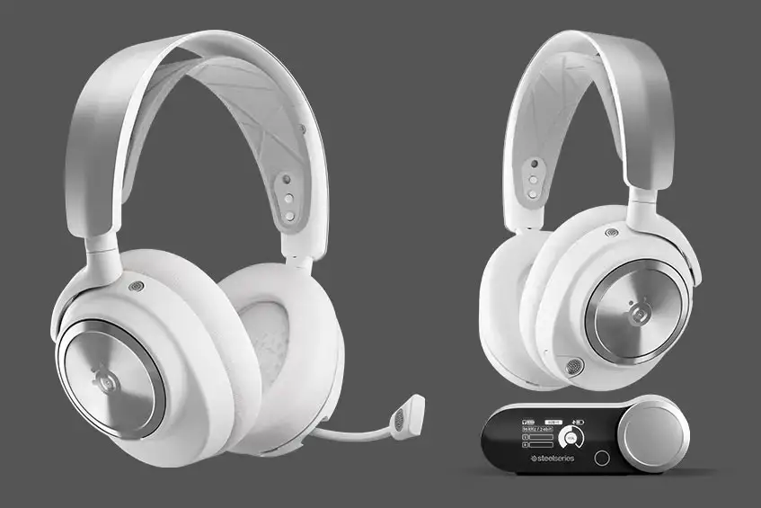 The white Arctis Nova Pro SteelSeries wireless gaming headset