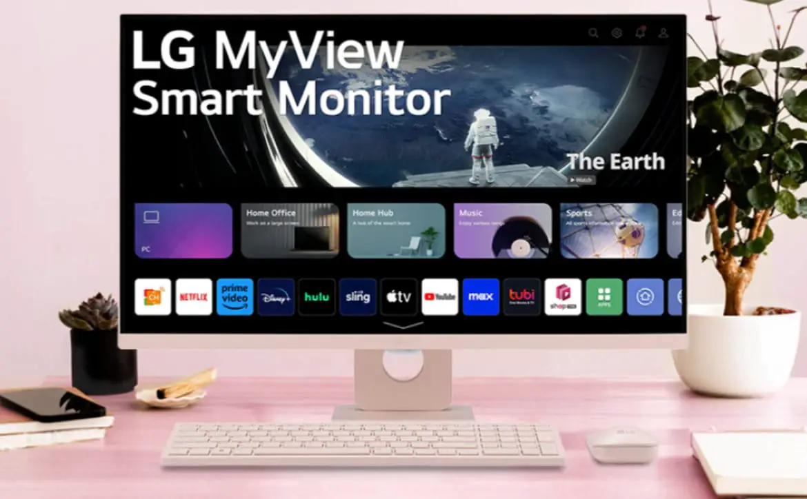 LG Debuts Pink MyView Smart Monitor Desktop Setup