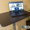 The Seville Classics Airlift XL sit-stand desk cart raised up