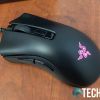 Top of the Razer DeathAdder V2 Mini gaming mouse with RGB LED lit