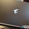 The AORUS logo lights up on the lid of the GIGABYTE AORUS 17G gaming laptop when it is turned on