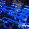 The inside of the CLX Gaming CLX RA gaming desktop with solid blue RGB LED setup
