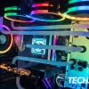 The inside of the CLX Gaming CLX RA gaming desktop with rainbow RGB LED setup