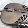 The scroll wheel and DPI button on the top of the Dark Matter by Monoprice Hyper-K 40430 Ultralight Optical Gaming Mouse