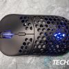 The top of the Dark Matter by Monoprice Hyper-K 40430 Ultralight Optical Gaming Mouse showing the RGB LEDs
